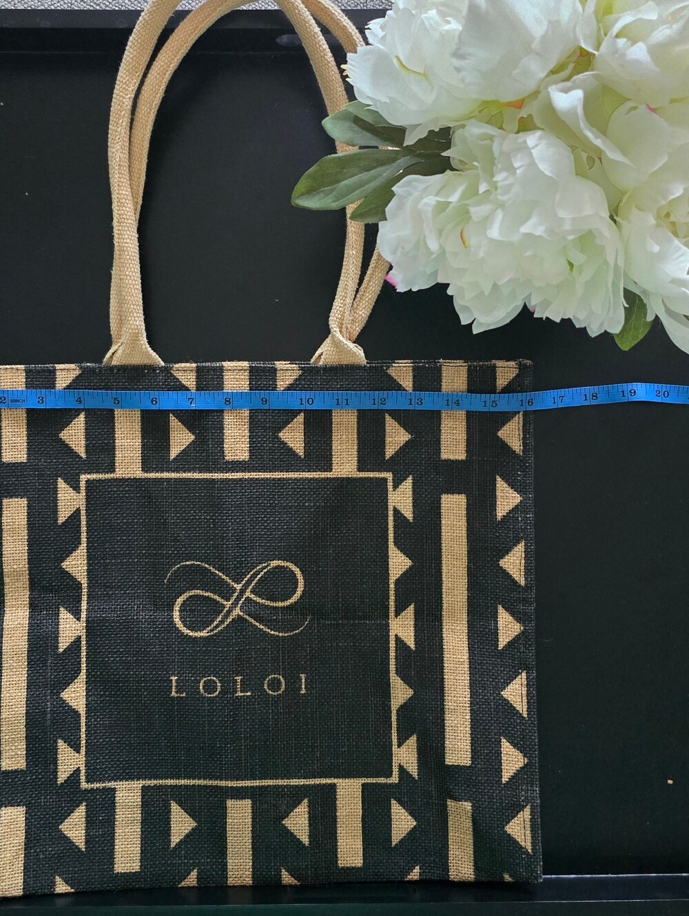 LOLOI Black and Gold Patterned Jute Tote